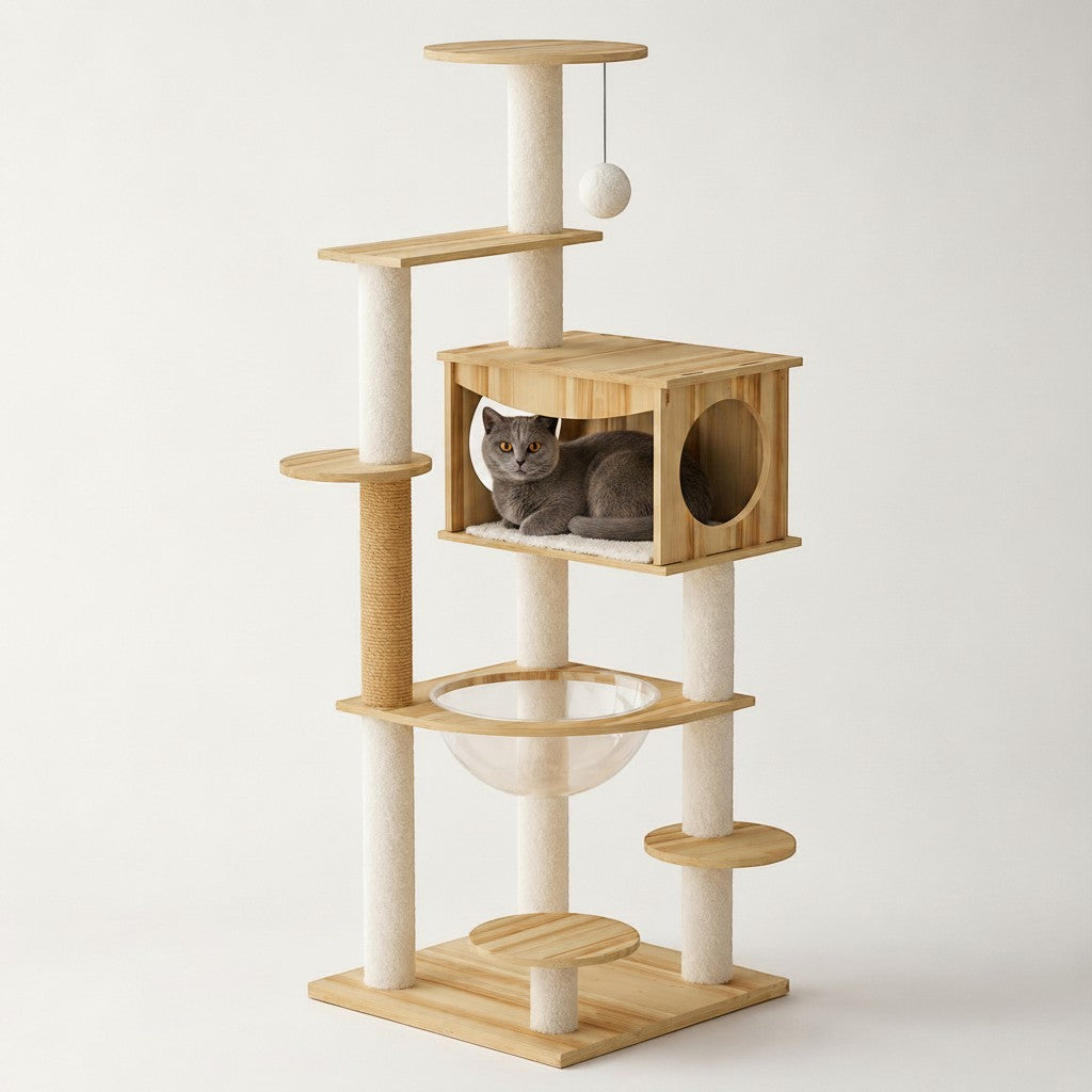 Arbre à chat Bofélin en bois clair avec niche, bulle transparente, griffoirs en sisal et chat gris à l'intérieur.