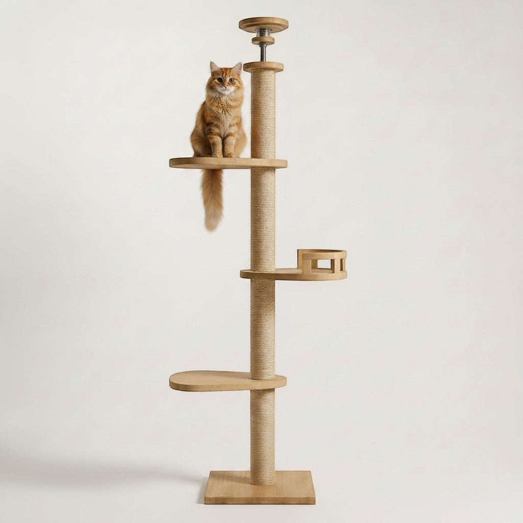 Arbre à chat Bofélin XXL sol-plafond en bois naturel avec poteau griffoir en jute et trois plateformes pour chat