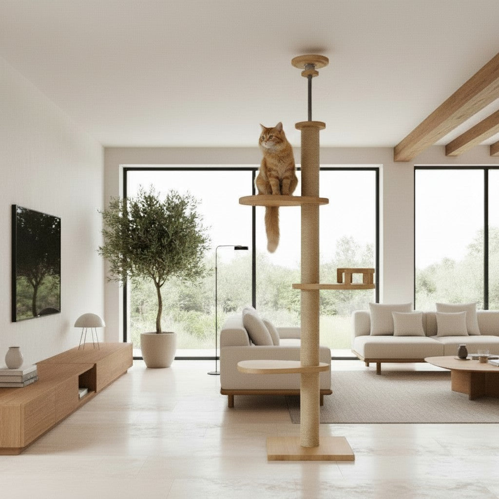 Arbre à chat Bofélin XXL sol-plafond en bois naturel avec poteau en corde de jute et trois plateformes pour chat roux