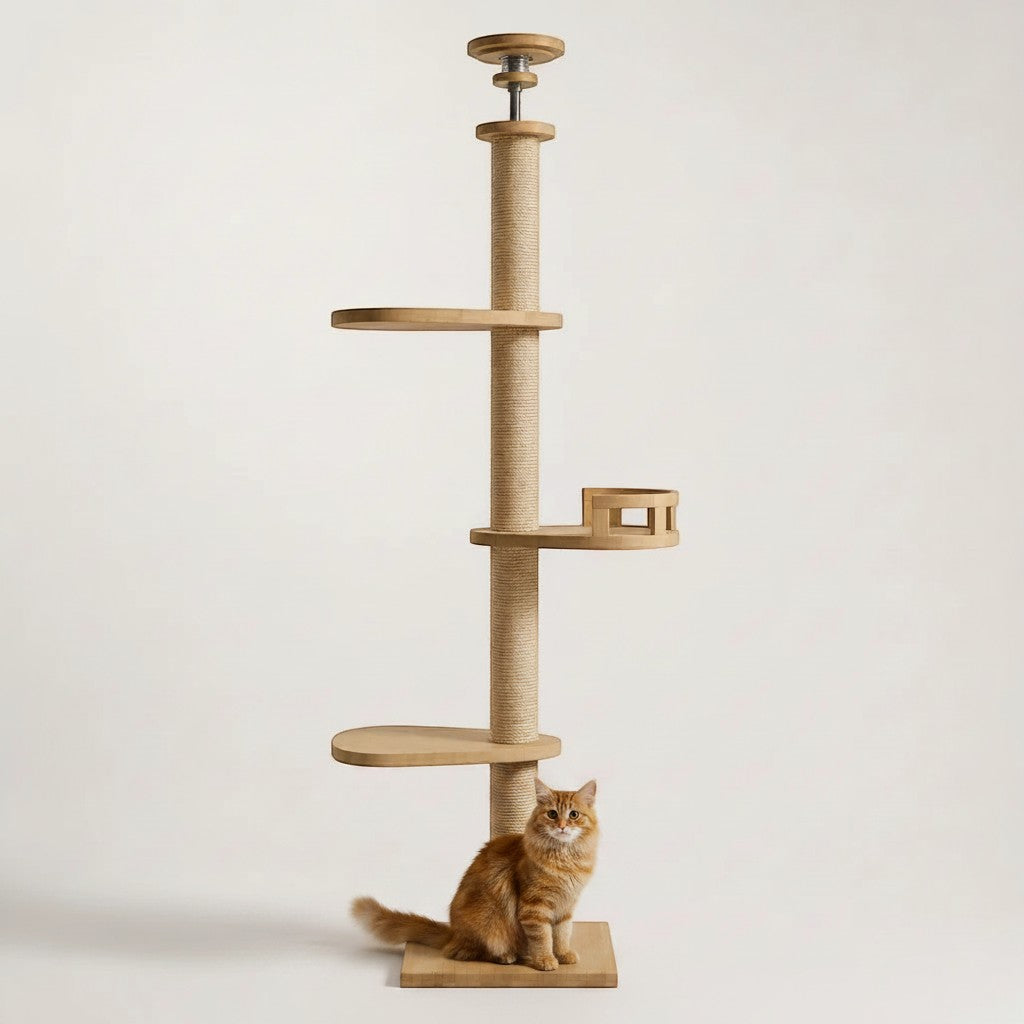 Arbre à chat Bofélin XXL sol-plafond en bois naturel avec poteau en corde de jute et trois plateformes pour chat