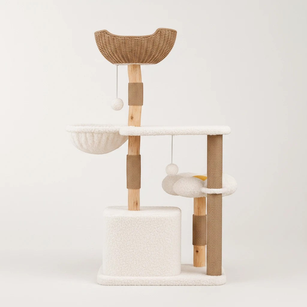 Arbre à chat Bofélin en bois massif avec niche, hamac, plateforme fleur et panier en osier tressé, coloris blanc