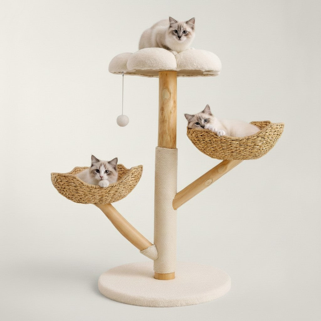 Arbre à chat Bofélin en bois naturel avec plateformes en forme de fleur, paniers en sisal et deux chats Ragdoll