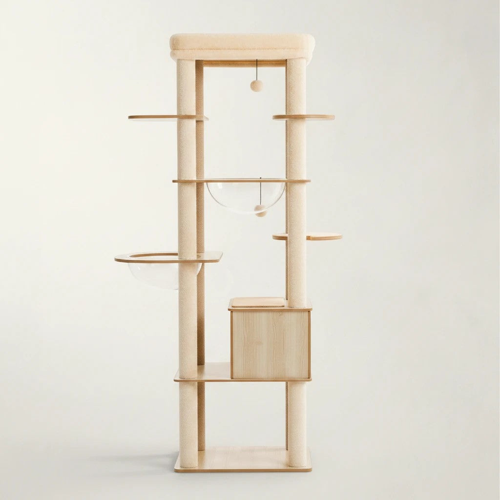 Arbre à chat XXL Bofélin en bois beige avec hamacs transparents, niches et poteaux en sisal pour plusieurs chats