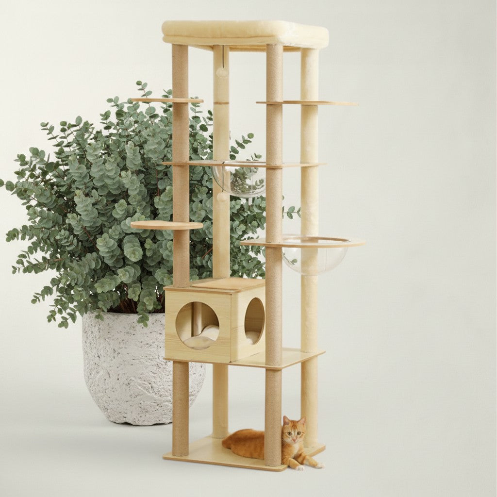 Arbre à chat XXL Bofélin en bois beige avec niches, hamacs transparents, poteaux en sisal et plateformes douces.