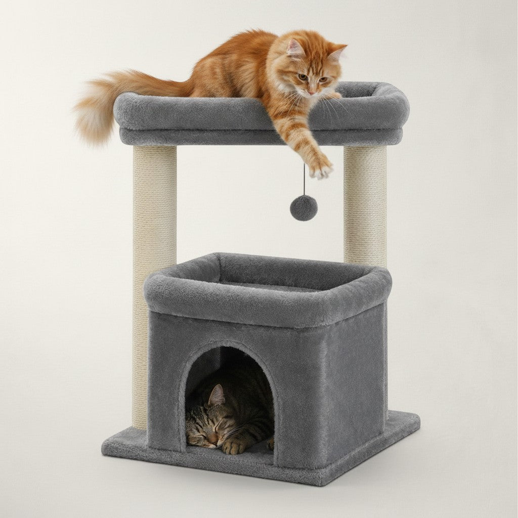 Arbre à chat Bofélin compact gris et beige avec niche, deux plateformes, poteaux en sisal et chat roux jouant au pompon