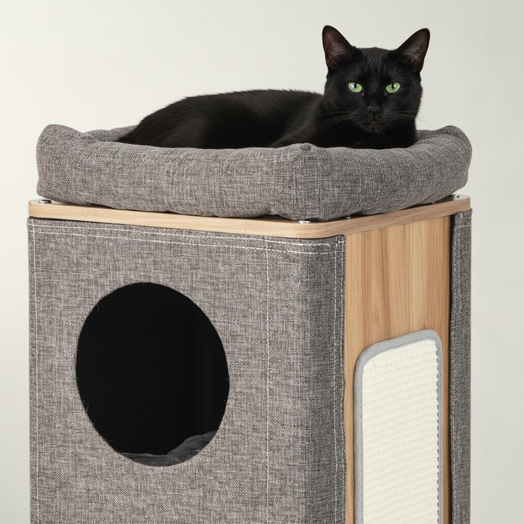 Arbre à chat Bofélin design en bois et tissu gris avec coussin confortable et chat noir allongé sur le dessus