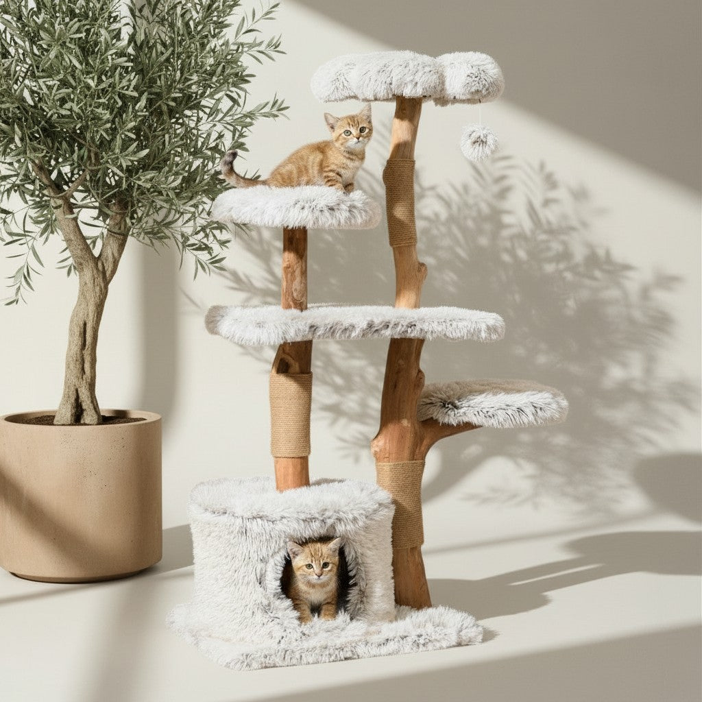 Arbre à chat design Bofélin en bois naturel et peluche blanche avec niches, plateformes et griffoirs pour chatons
