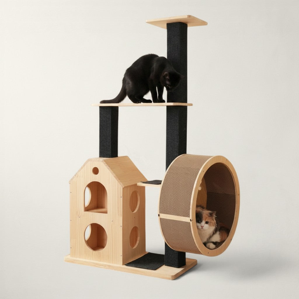 Arbre à chat design Bofélin en bois massif avec maison, roue griffoir en carton et plateformes noires pour chats