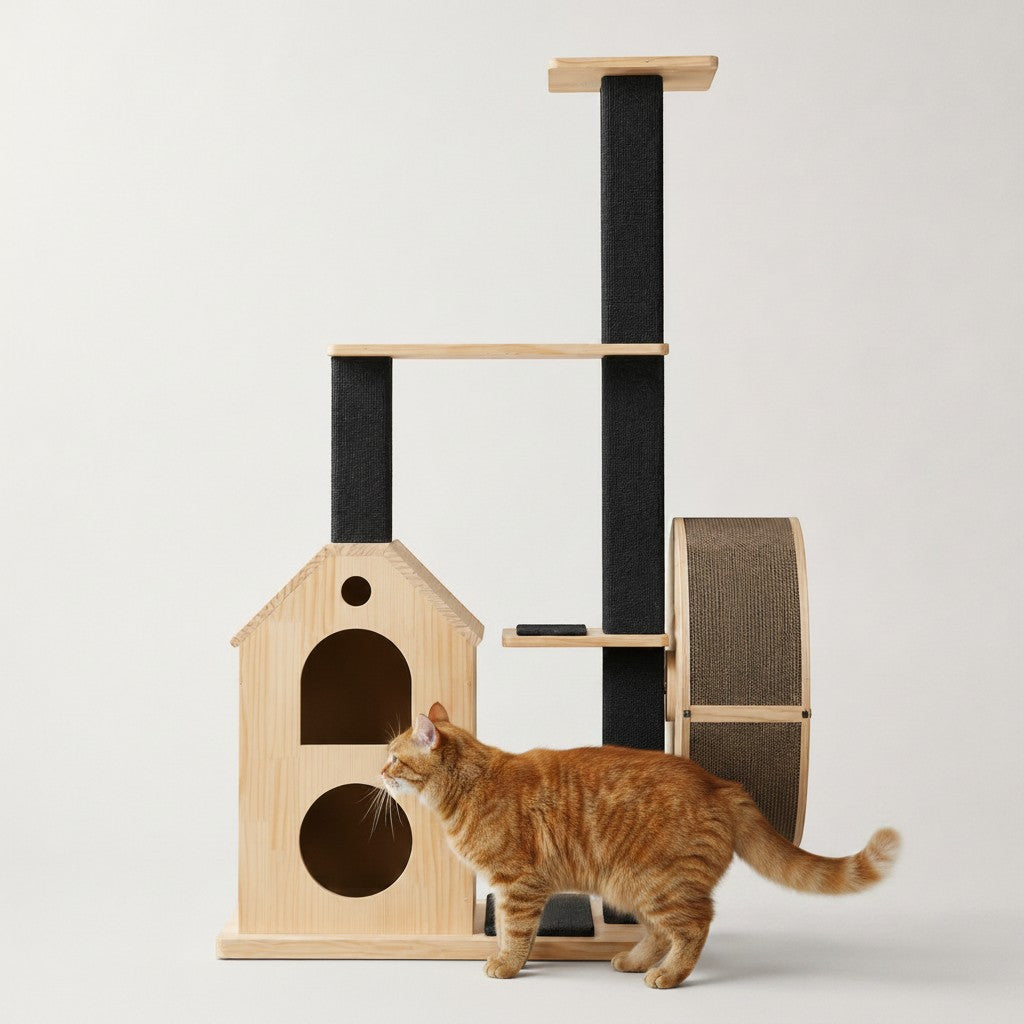 Arbre à chat design Bofélin en bois naturel et noir avec maison, plateformes, poteaux à griffer et roue d'exercice