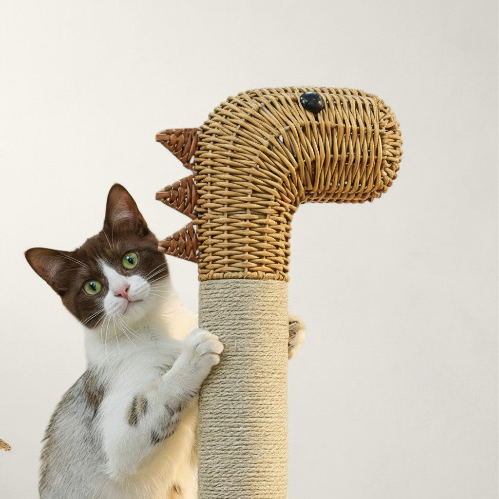 Chat bicolore faisant ses griffes sur un arbre à chat Bofélin en forme de dinosaure en rotin miel et sisal beige