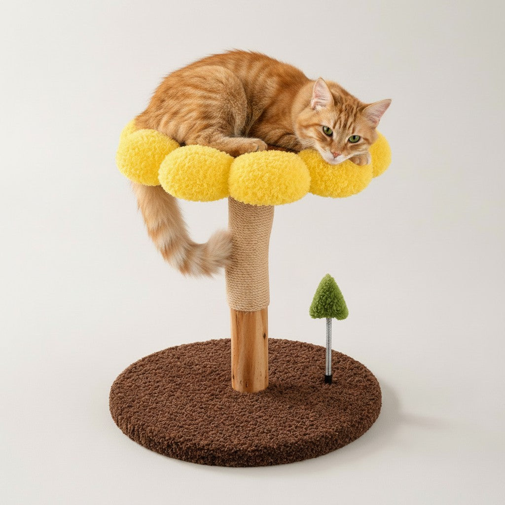 Arbre à chat Bofélin en forme de fleur jaune avec poteau en sisal et base marron, chat roux allongé dessus