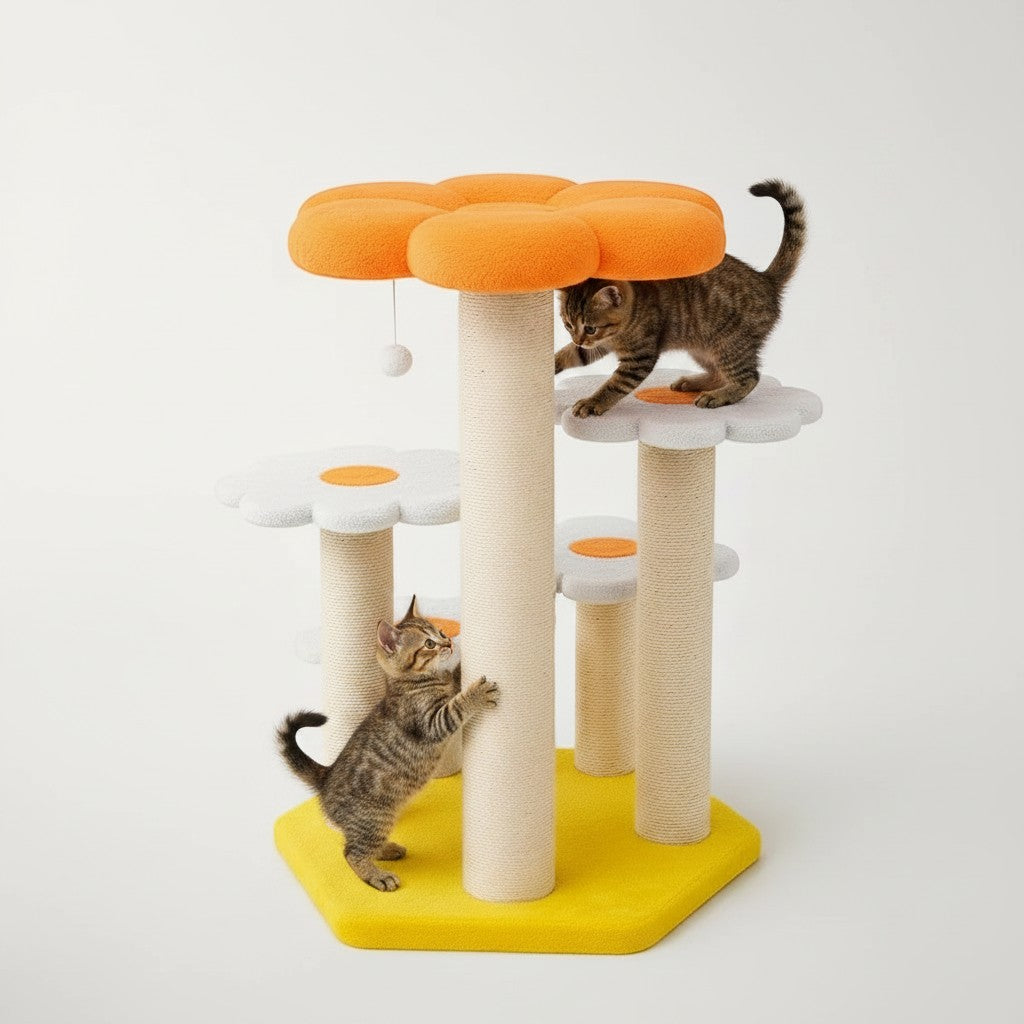 Arbre à chat Bofélin en forme de fleur avec plateformes en fausse fourrure et poteaux en sisal pour deux chatons