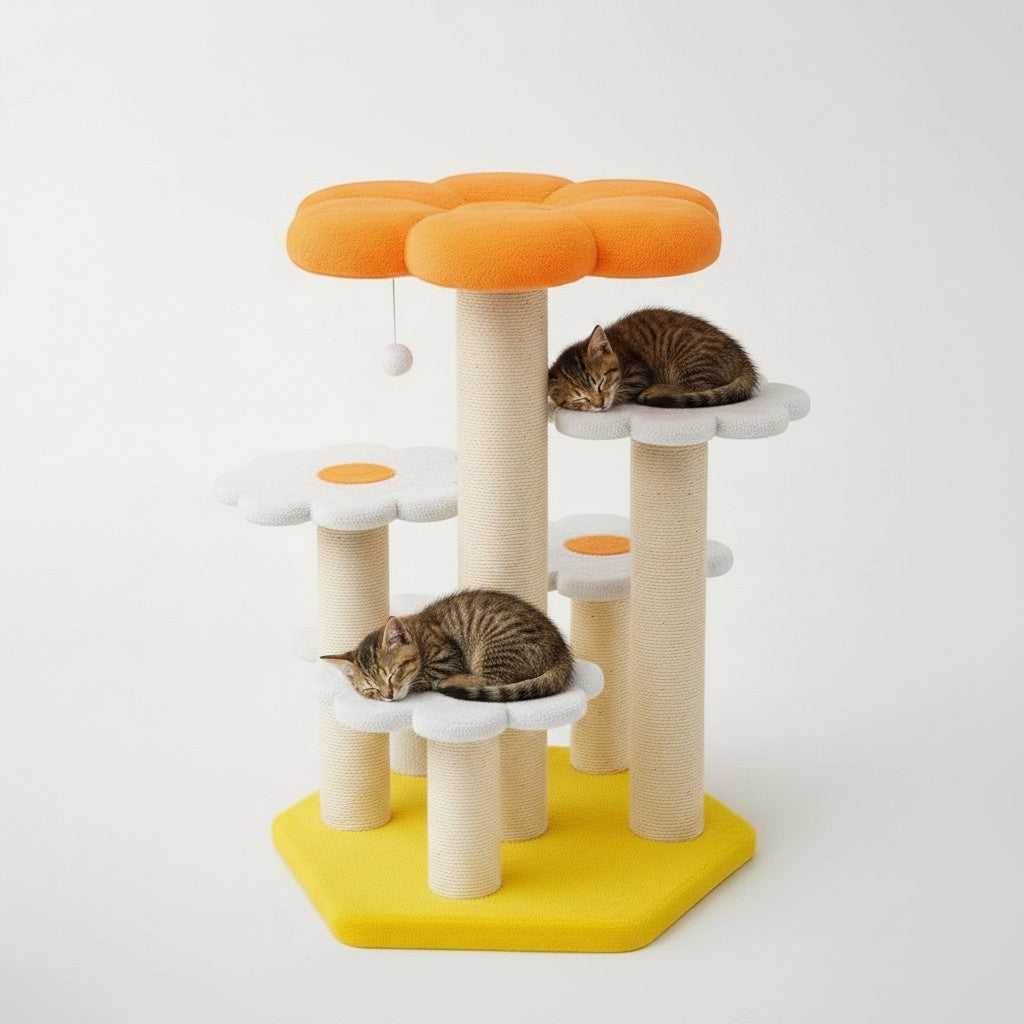 Arbre à chat Bofélin en forme de fleur avec plateformes blanches et orange, poteaux en sisal et deux chatons endormis.
