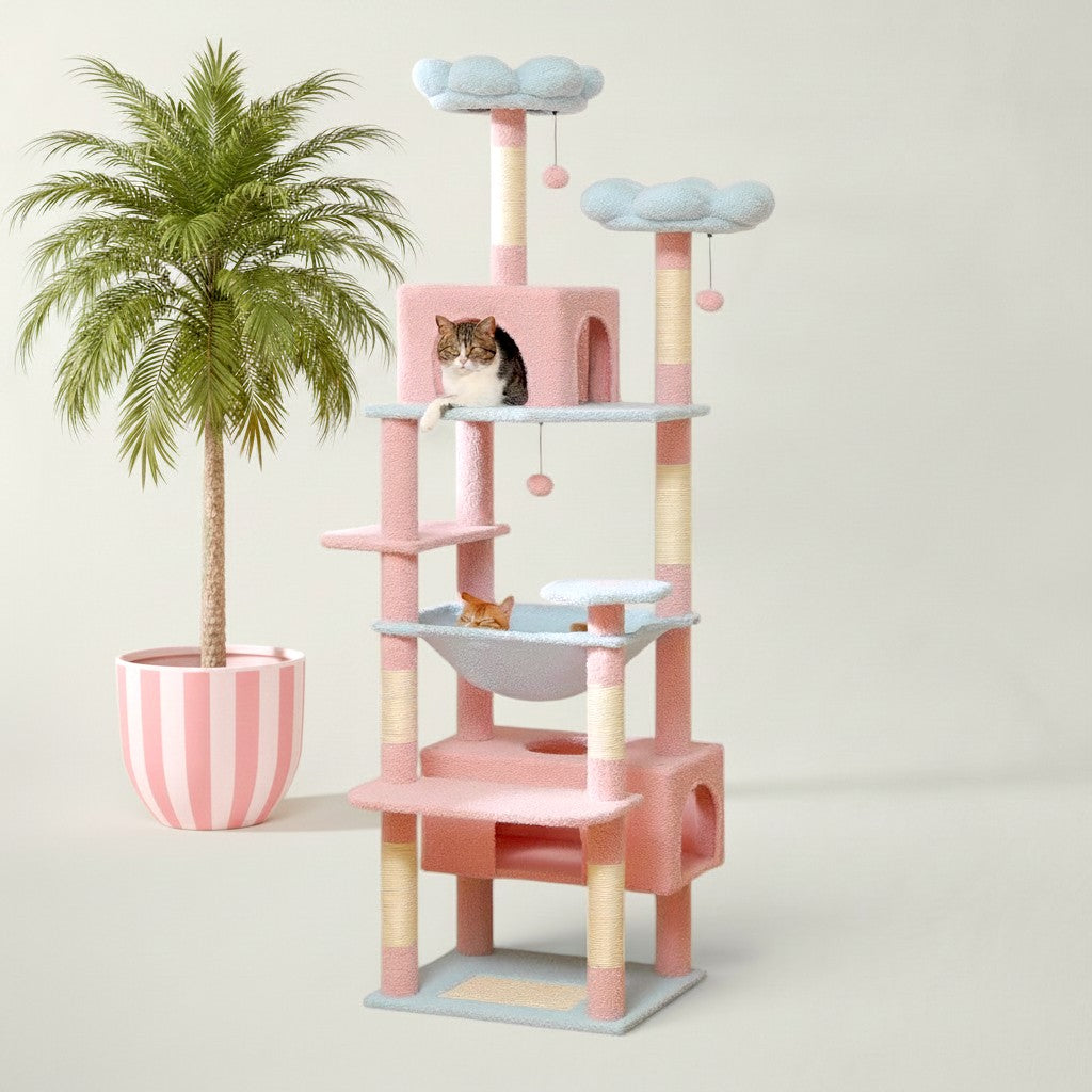 Arbre à chat géant Bofélin bleu et rose avec niches, hamac, poteaux en sisal et perchoirs en forme de nuages