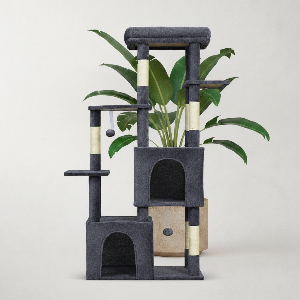 Arbre à chat Bofélin gris foncé avec deux niches, poteaux en sisal et perchoir XL pour grandes races