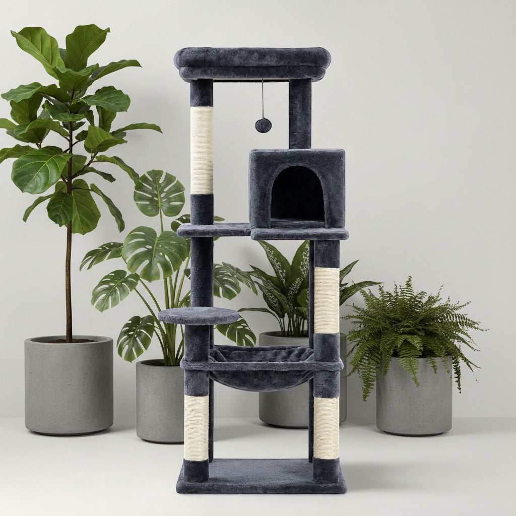 Arbre à chat Bofélin gris foncé avec niches, hamac et poteaux en sisal pour grands chats dans un intérieur moderne.