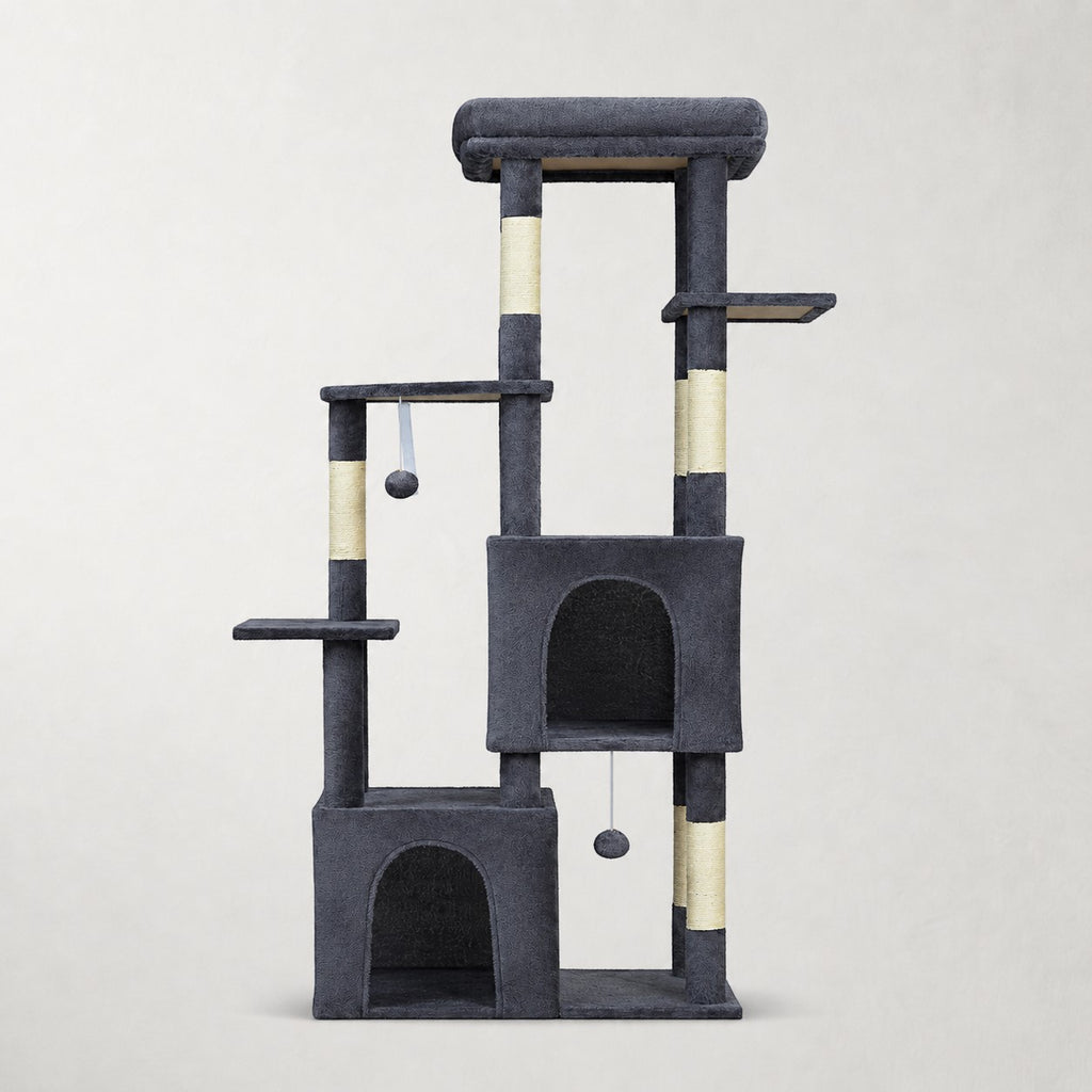 Arbre à chat Bofélin gris foncé avec deux niches, sept poteaux en sisal et perchoir XL pour grandes races
