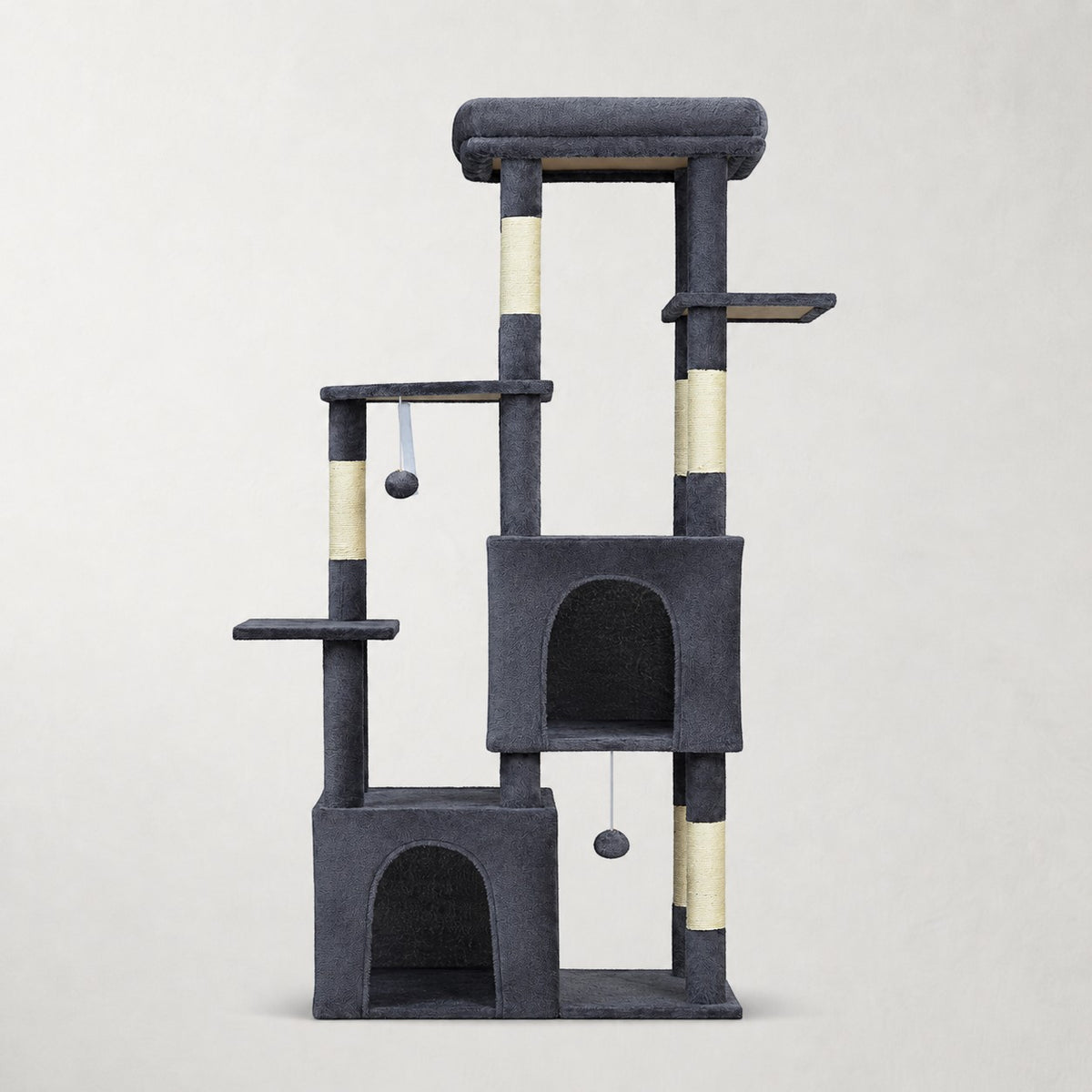 Arbre à chat Bofélin gris foncé avec deux niches, sept poteaux en sisal et perchoir XL pour grandes races