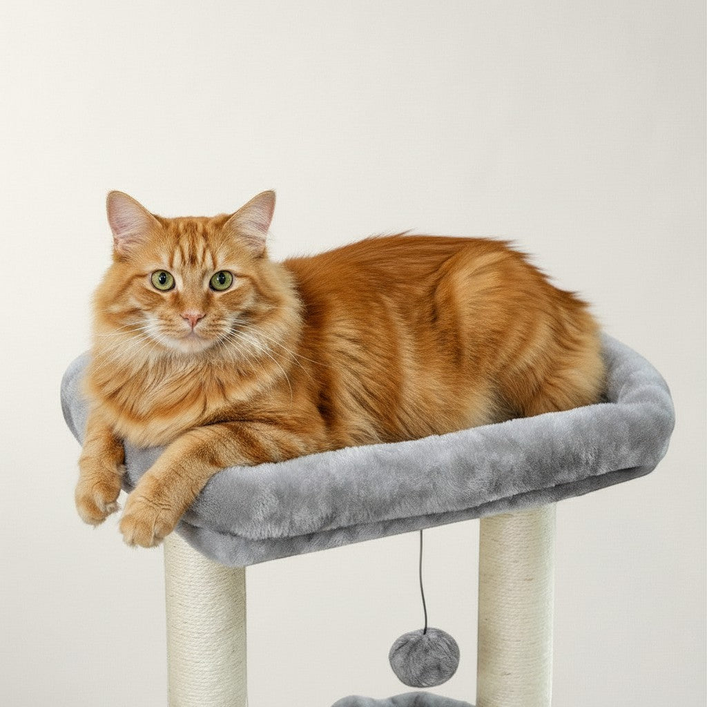 Chat roux sur un arbre à chat Bofélin gris et beige avec perchoir rembourré et poteau en sisal
