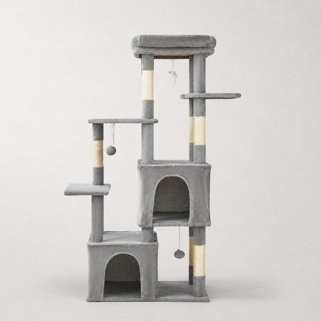 Arbre à chat Bofélin gris avec deux niches, plateformes et poteaux en sisal pour grandes races