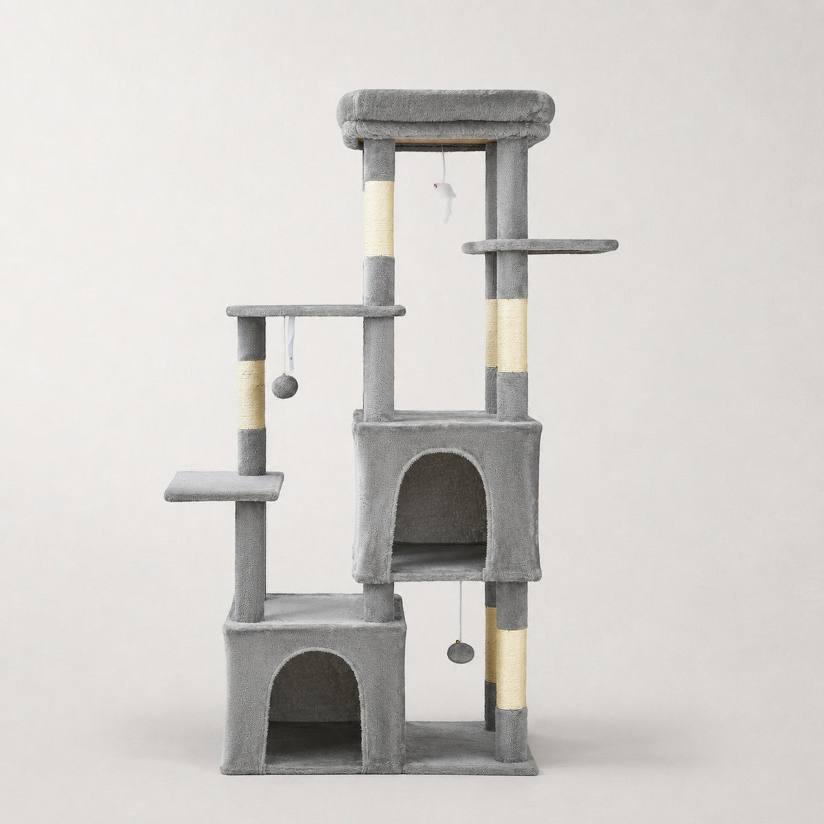 Arbre à chat Bofélin gris avec deux niches, plateformes et poteaux en sisal pour grandes races