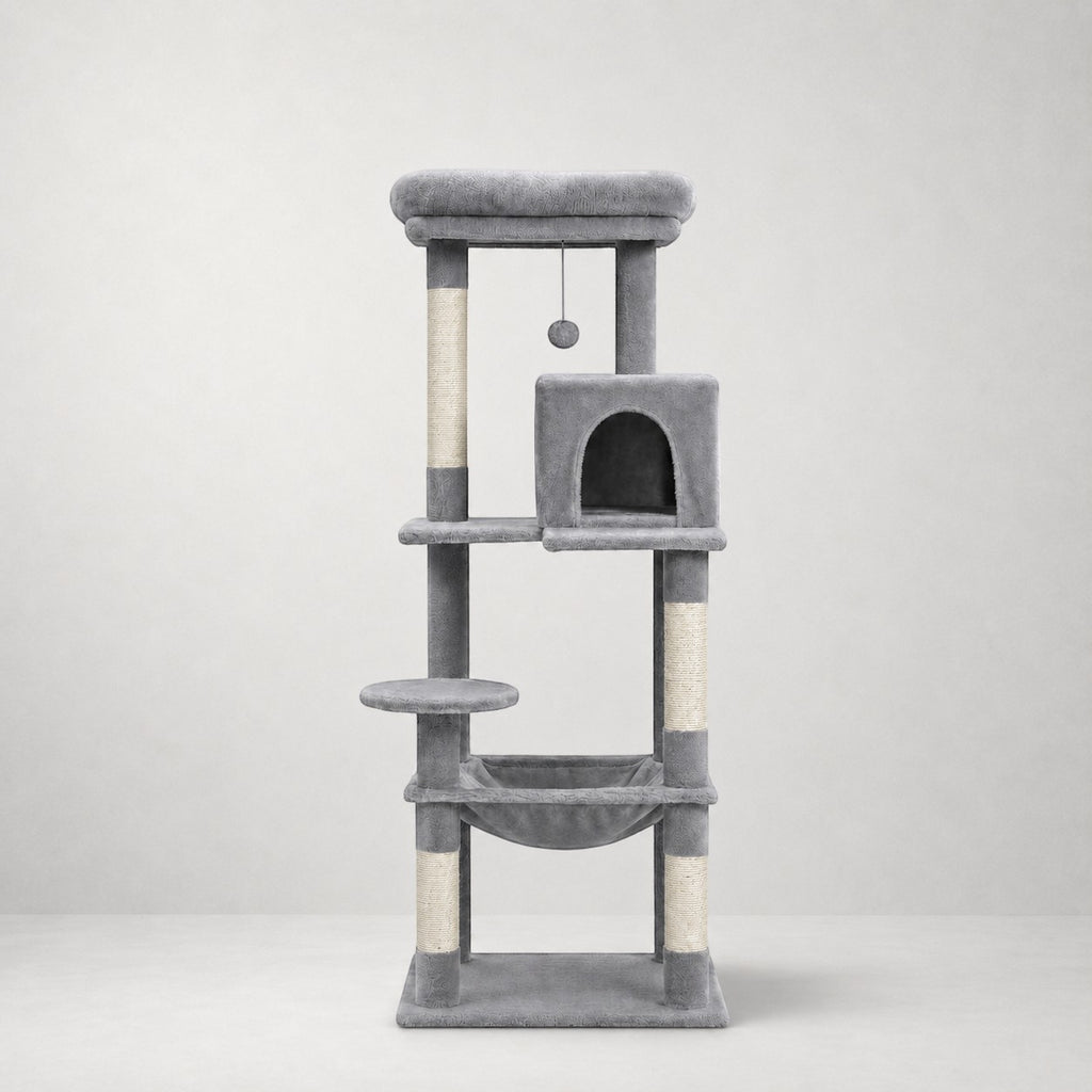 Arbre à chat Bofélin gris en fausse fourrure avec niches, hamac et poteaux en sisal pour grands chats