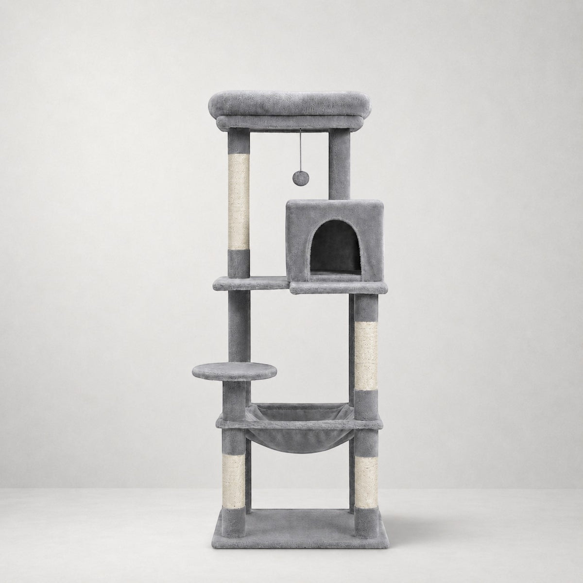 Arbre à chat Bofélin gris en fausse fourrure avec niches, hamac et poteaux en sisal pour grands chats