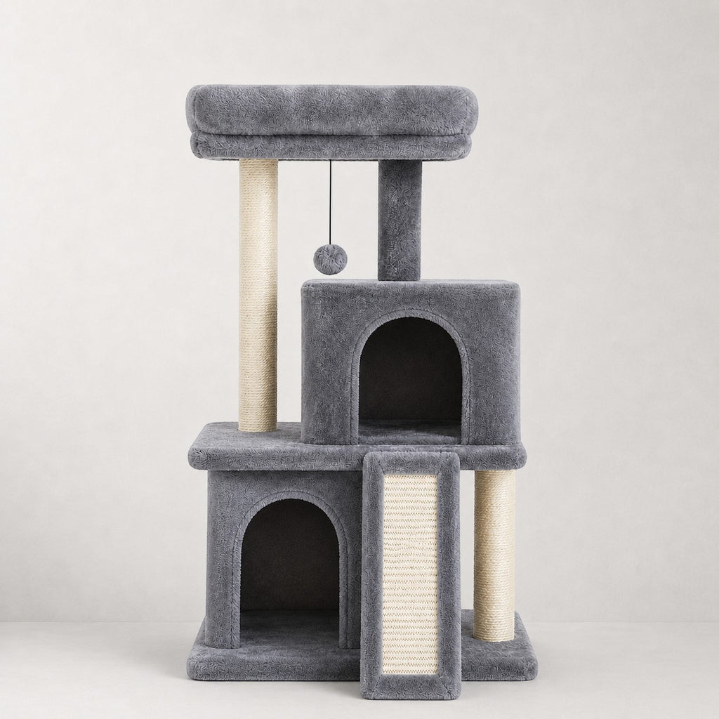 Arbre à chat Bofélin gris avec deux niches, poteaux en sisal, rampe griffoir et perchoir rembourré pour grands chats.