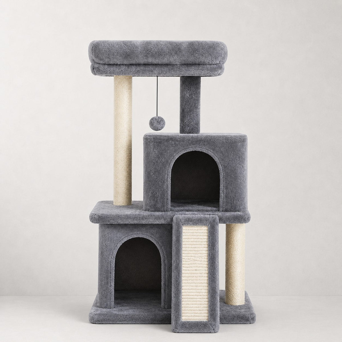 Arbre à chat Bofélin gris avec deux niches, poteaux en sisal, rampe griffoir et perchoir rembourré pour grands chats.
