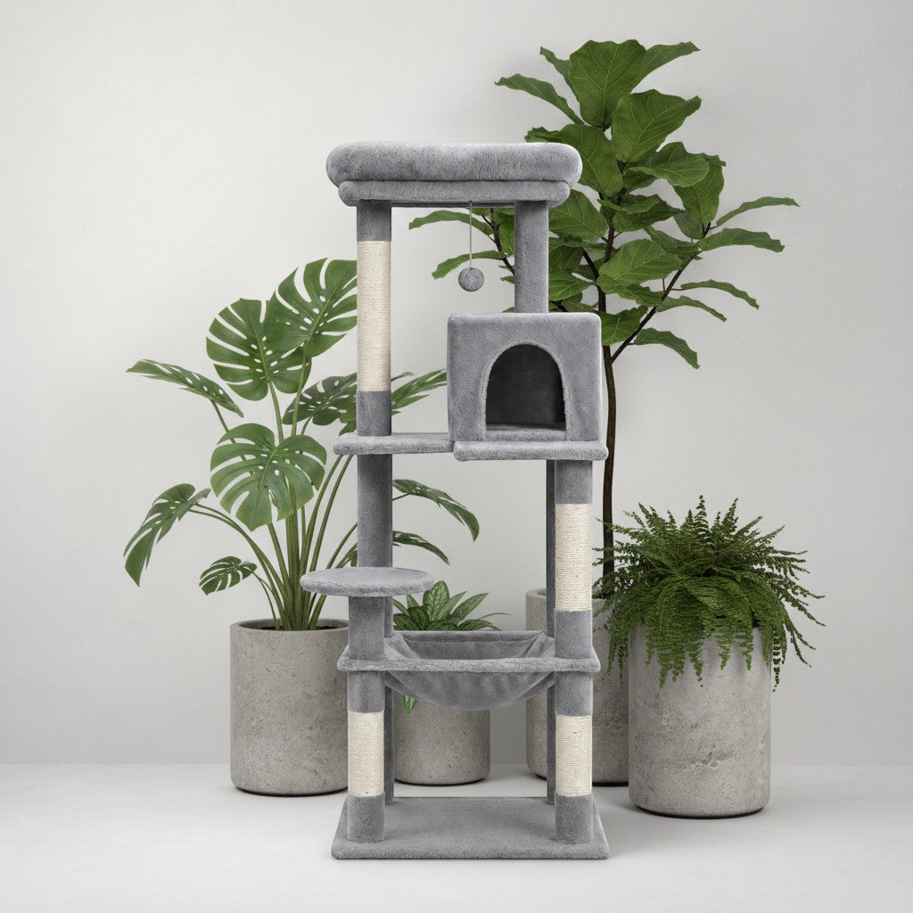 Arbre à chat Bofélin gris en fausse fourrure avec niches, hamac et poteaux en sisal pour grands chats