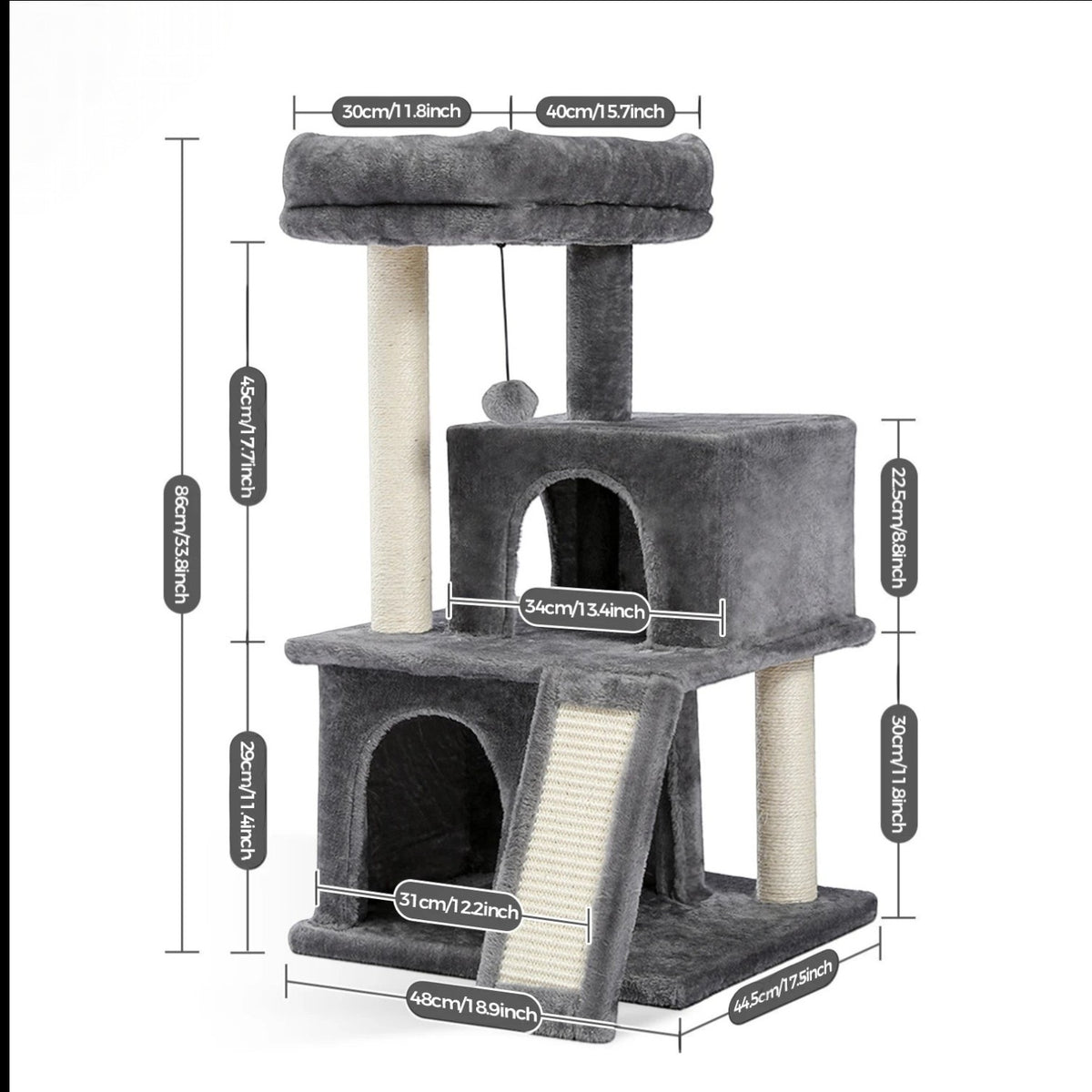 Arbre à chat Bofélin gris avec deux niches, poteaux en sisal, rampe et perchoir, idéal pour grands chats.
