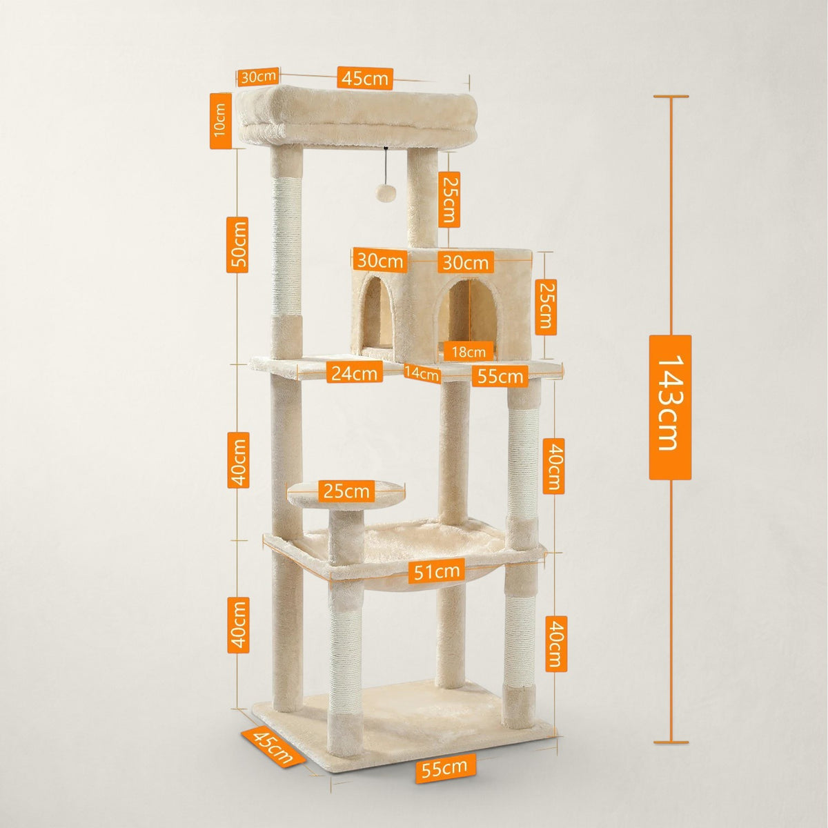 Arbre à chat Bofélin beige pour Maine Coon avec niches, hamac, poteaux en sisal et dimensions détaillées