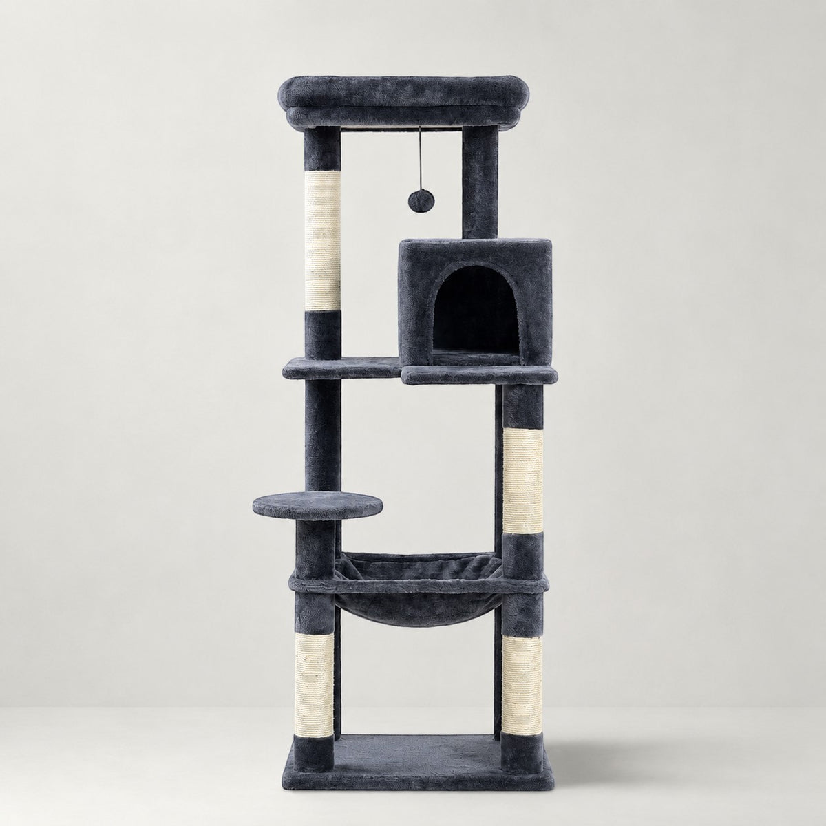 Arbre à chat Bofélin gris foncé pour Maine Coon avec niches, hamac, plateformes et poteaux en sisal naturel