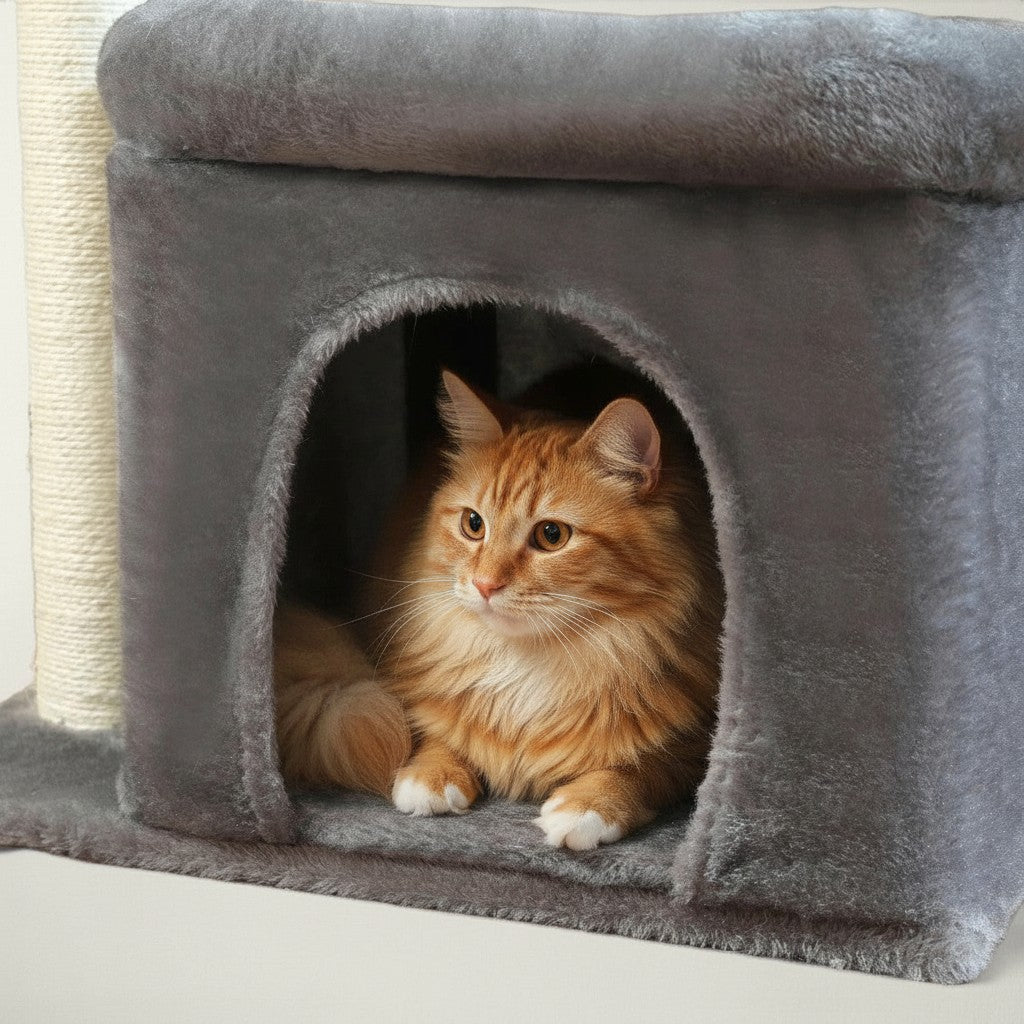 Chat roux installé dans la niche grise en peluche douce d'un arbre à chat Bofélin pour petit espace