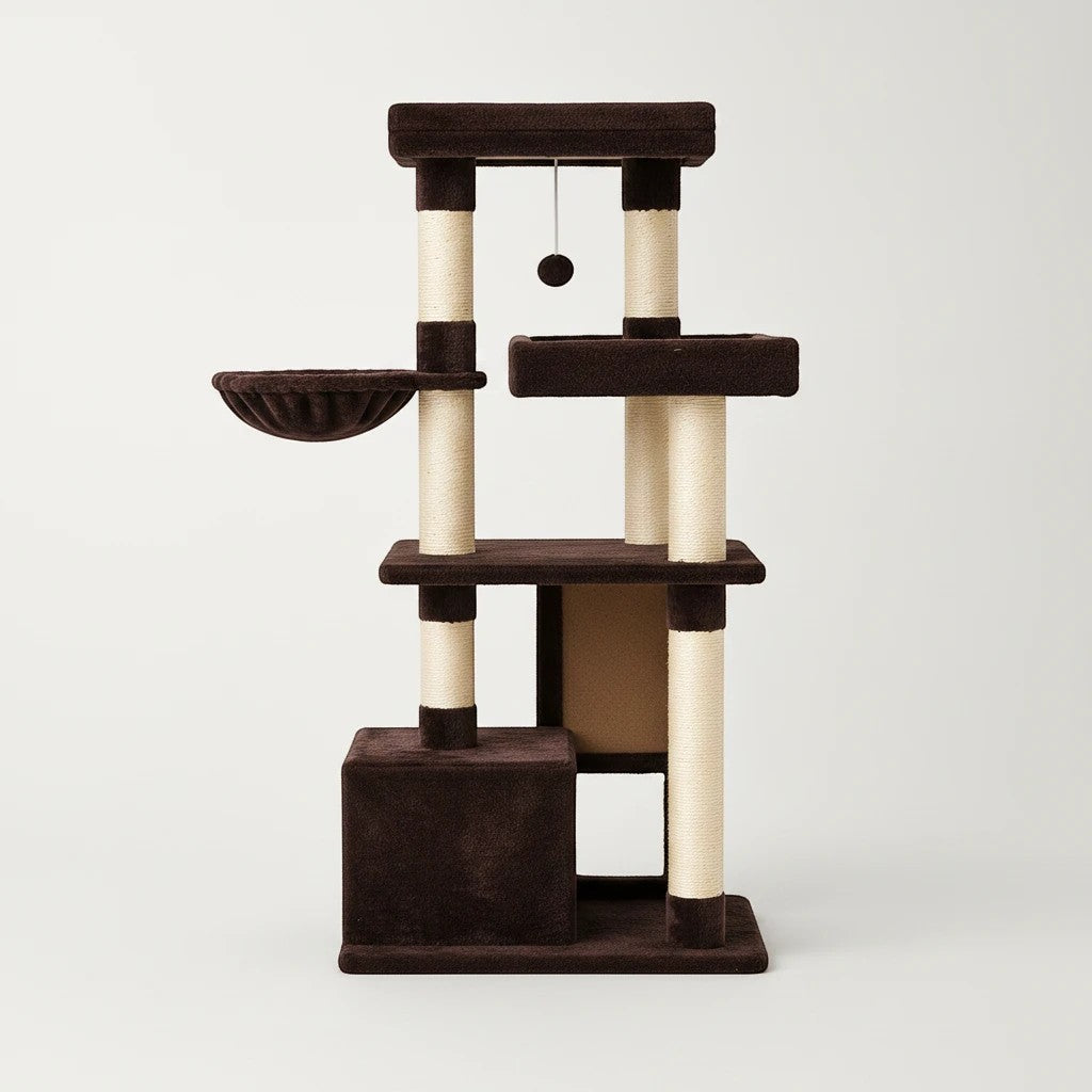 Arbre à chat Bofélin noir et blanc avec quatre plateformes, hamac, niche et poteaux en sisal naturel