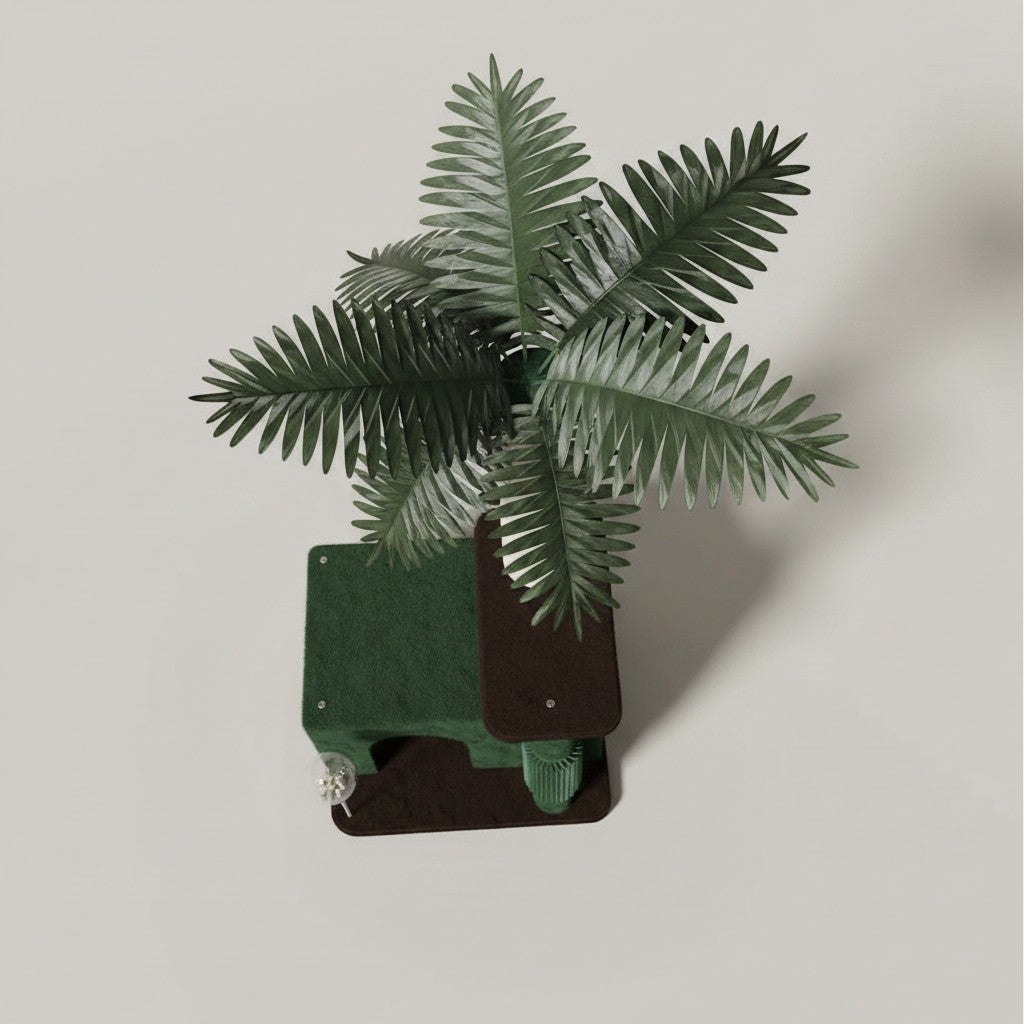 Arbre à chat Bofélin en forme de palmier avec niche verte, poteaux en sisal et feuilles décoratives, vue de dessus