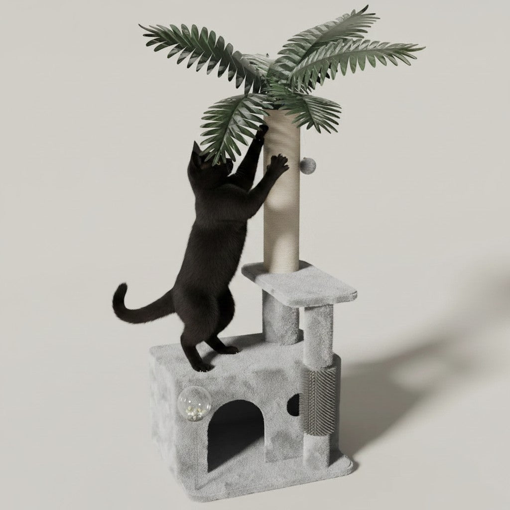 Arbre à chat Bofélin design palmier avec niche grise, poteaux en sisal et feuilles décoratives, chat noir jouant dessus.