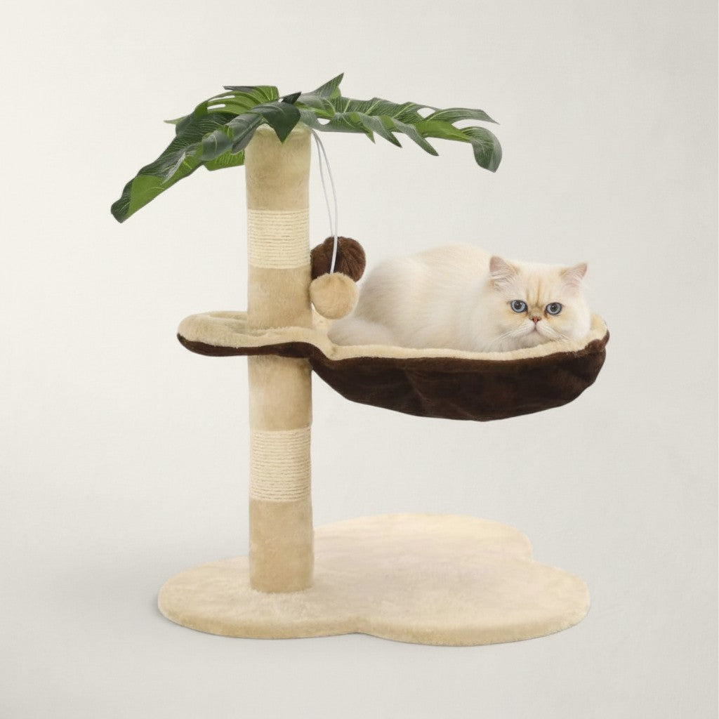 Arbre à chat Bofélin en forme de palmier avec hamac marron, poteau en sisal et feuilles décoratives vertes