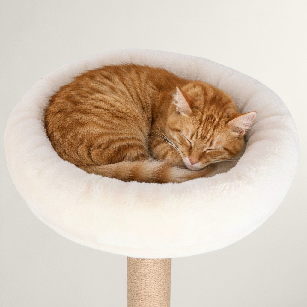 Chat roux endormi dans le perchoir supérieur en fausse fourrure beige de l'arbre à chat Bofélin