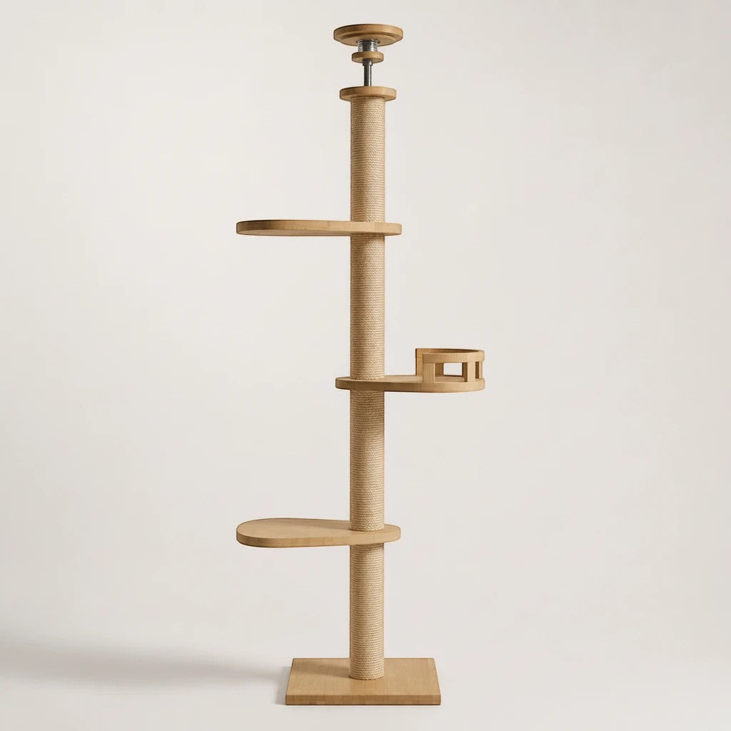 Arbre à chat Bofélin XXL sol-plafond en bois naturel avec poteau griffoir en corde de jute et trois plateformes