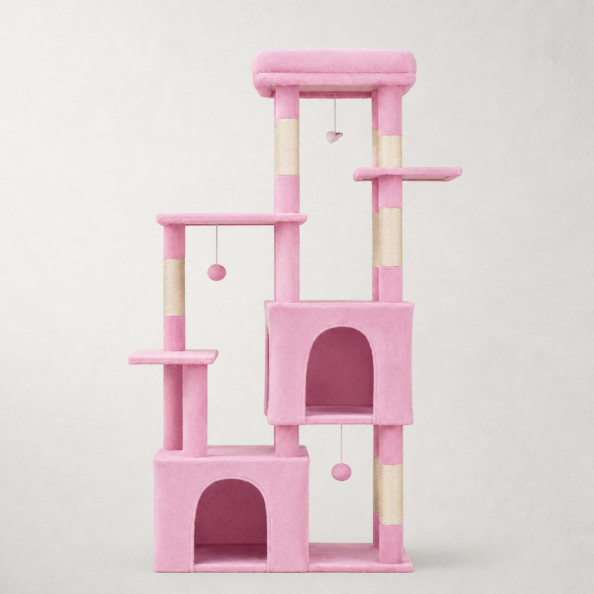 Arbre à chat Bofélin rose avec deux niches, plateformes et poteaux en sisal pour grands chats
