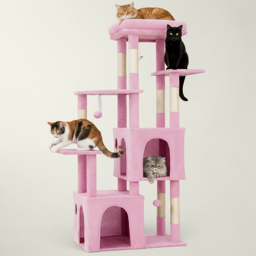 Arbre à chat rose Bofélin à plusieurs niveaux avec niches, perchoirs et poteaux en sisal pour grands chats