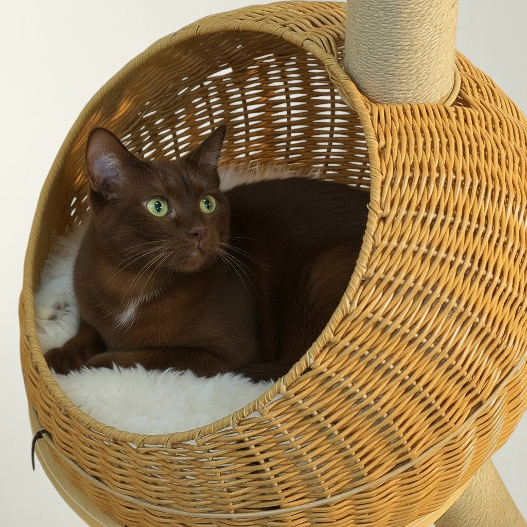 Chat brun installé dans la niche en rotin miel de l'arbre à chat dinosaure Bofélin avec coussin blanc moelleux