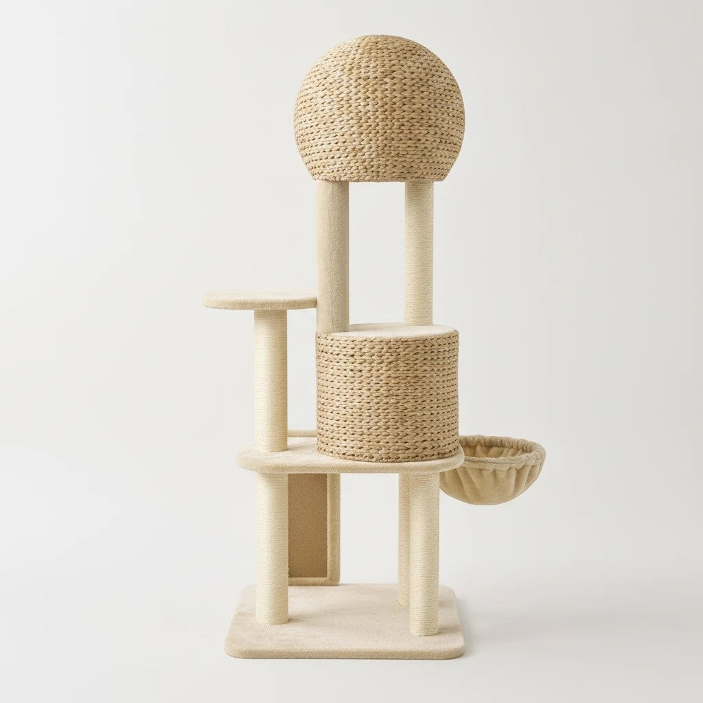 Arbre à chat Bofélin style scandinave beige avec niches en jute naturel, plateformes et hamac doux