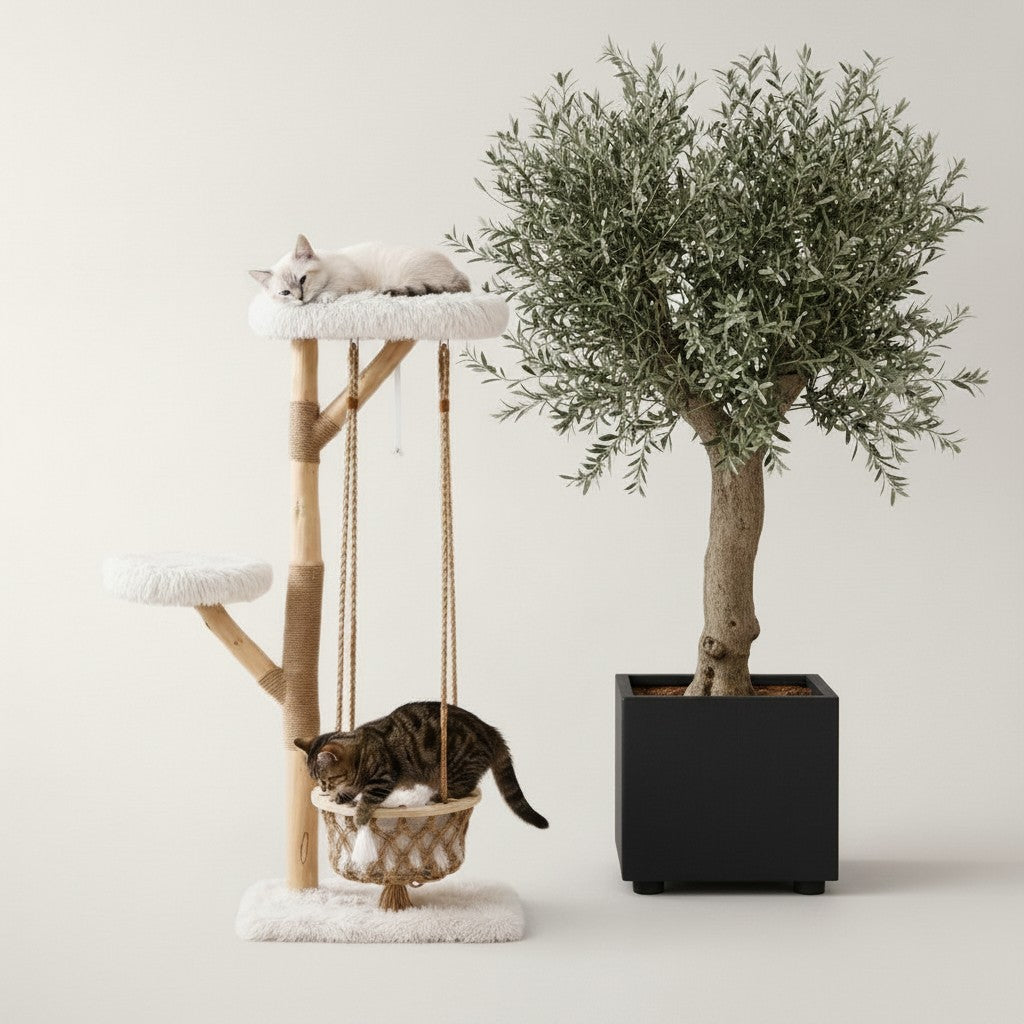 Arbre à chat scandinave Bofélin en bois naturel et fausse fourrure blanche avec hamac balançoire et deux plateformes