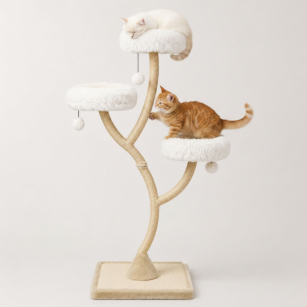 Arbre à chat scandinave Bofélin beige et blanc avec trois plateformes en fausse fourrure et poteaux en sisal naturel