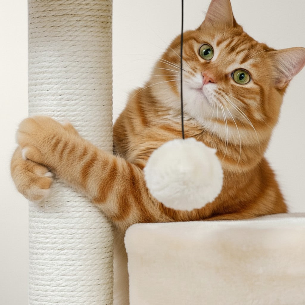 Chat roux jouant avec un pompon sur un arbre à chat Bofélin en sisal beige et fausse fourrure douce