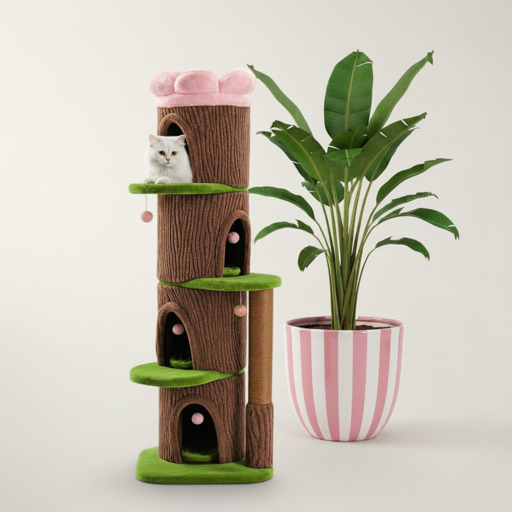 Arbre à chat tonneau Bofélin XXL marron imitation tronc avec niches, plateformes vertes et lit fleur rose au sommet