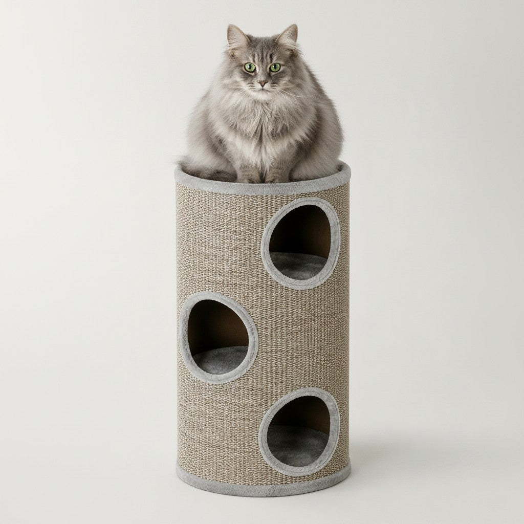Arbre à chat tonneau Bofélin gris à trois niveaux avec revêtement en sisal et chat assis sur la plateforme supérieure