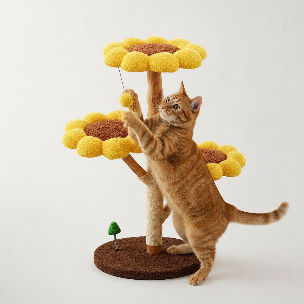 Arbre à chat Bofélin design tournesol avec plateformes en fausse fourrure jaune et poteau en sisal naturel
